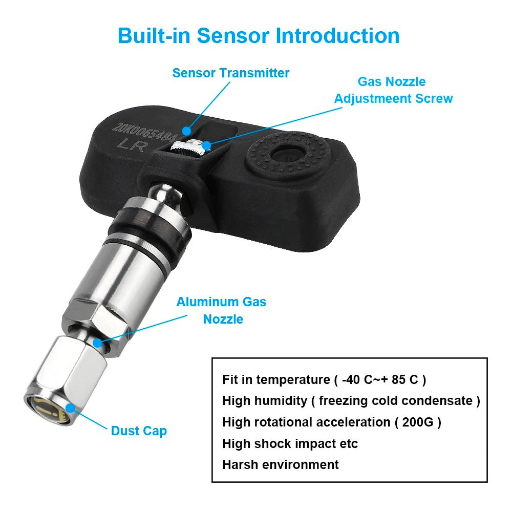 Close-up of tyre pressure monitoring sensor transmitter labelled with gas nozzle adjustment screw, aluminium gas nozzle and dust cap