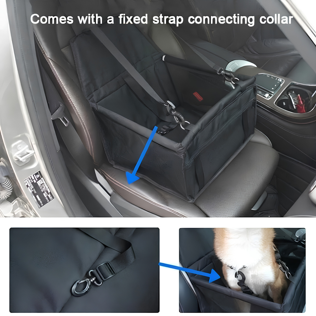 Black Hanging Pet Car Seat on a car seat with close-ups of the built-in safety strap clipping to a dog collar