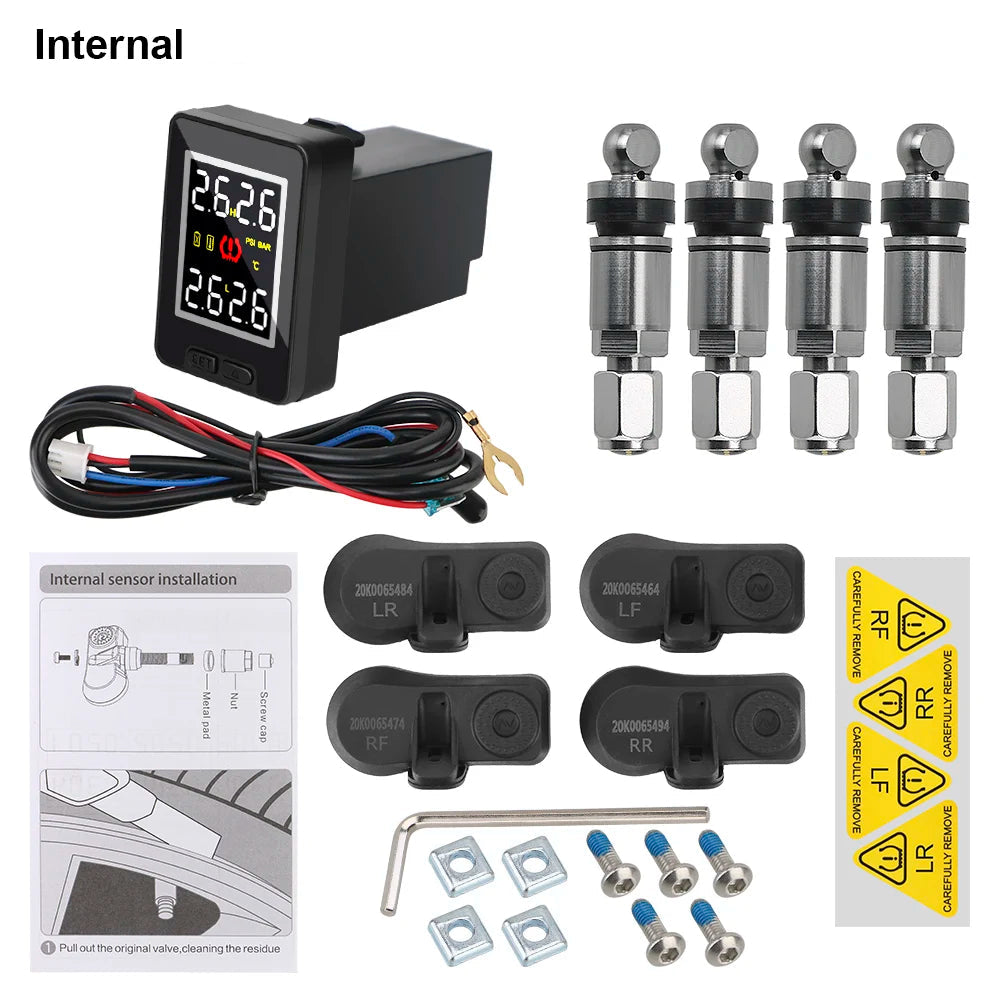 Internal version tyre pressure monitoring kit including LCD display, four internal sensors, wiring harness and wheel position warning stickers