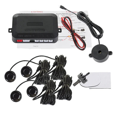 Reverse Parking Sensor Kit components including control box, installation manual, alarm buzzer and six ultrasonic sensors