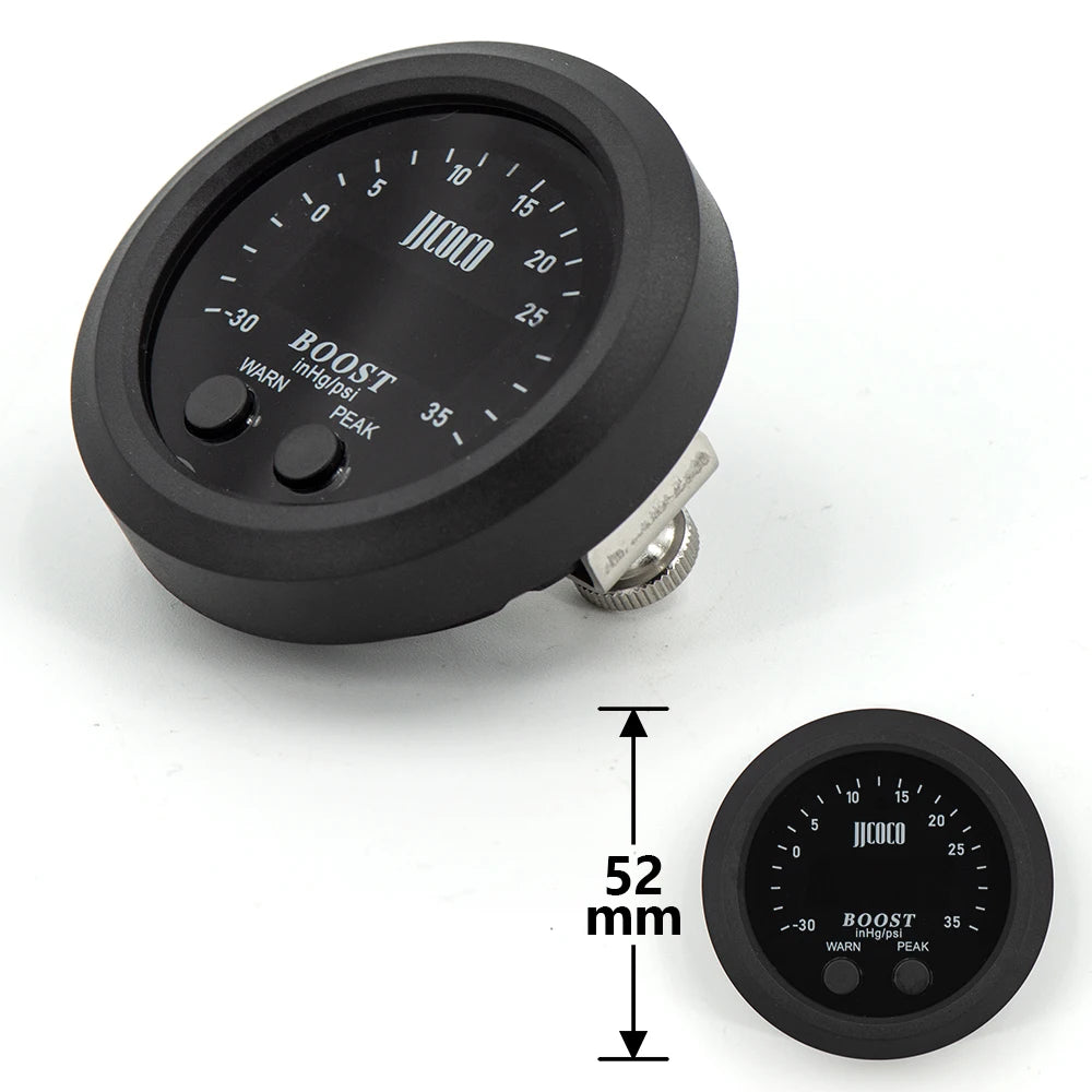 Digital Turbo Boost Gauge front face and angled side view with 52mm diameter dimension marking