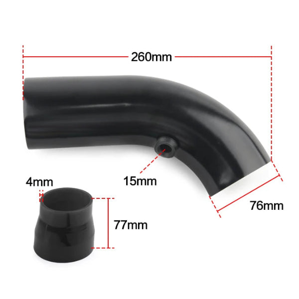 Black cold air intake pipe with dimension diagram showing 260mm length and 76mm outlet diameter