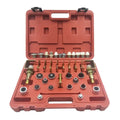 A/C Leak Test Plug Kit in a red carry case with assorted sealing plugs, adaptors and brass clamp fittings