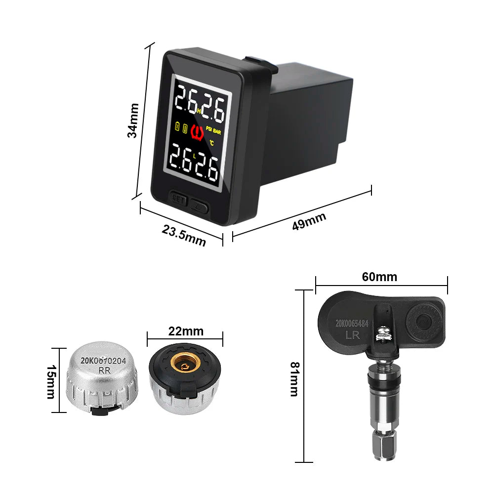 Dimension diagram of tyre pressure monitoring LCD display unit and internal sensor caps showing 49mm width and 22mm sensor diameter