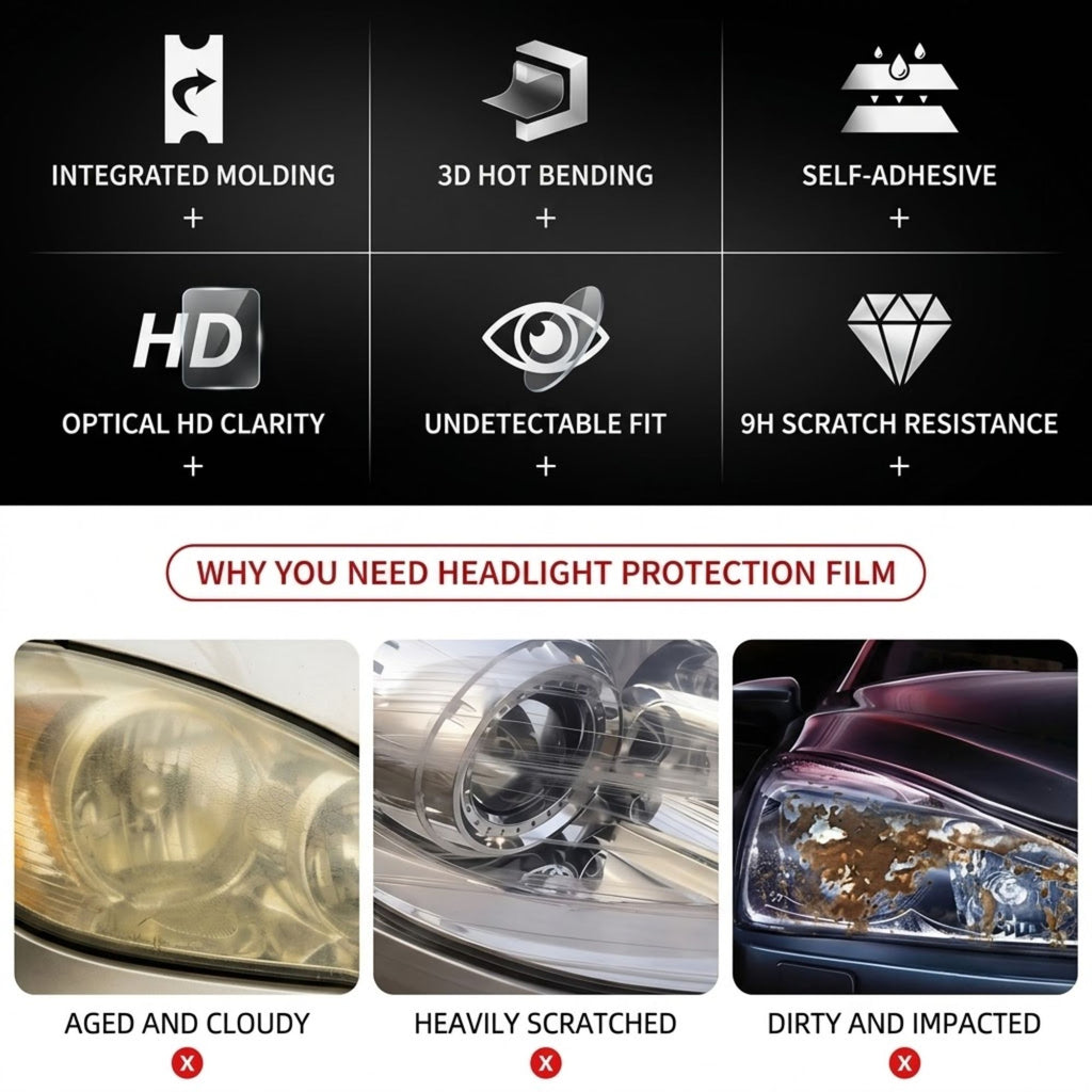 Promotional graphic for a headlight protection film, showing six feature icons on a black background: integrated molding, 3D hot bending, self-adhesive, optical HD clarity, undetectable fit, and 9H scratch resistance. Below, three close-up car headlight examples illustrate aged and cloudy, heavily scratched, and dirty and impacted conditions.