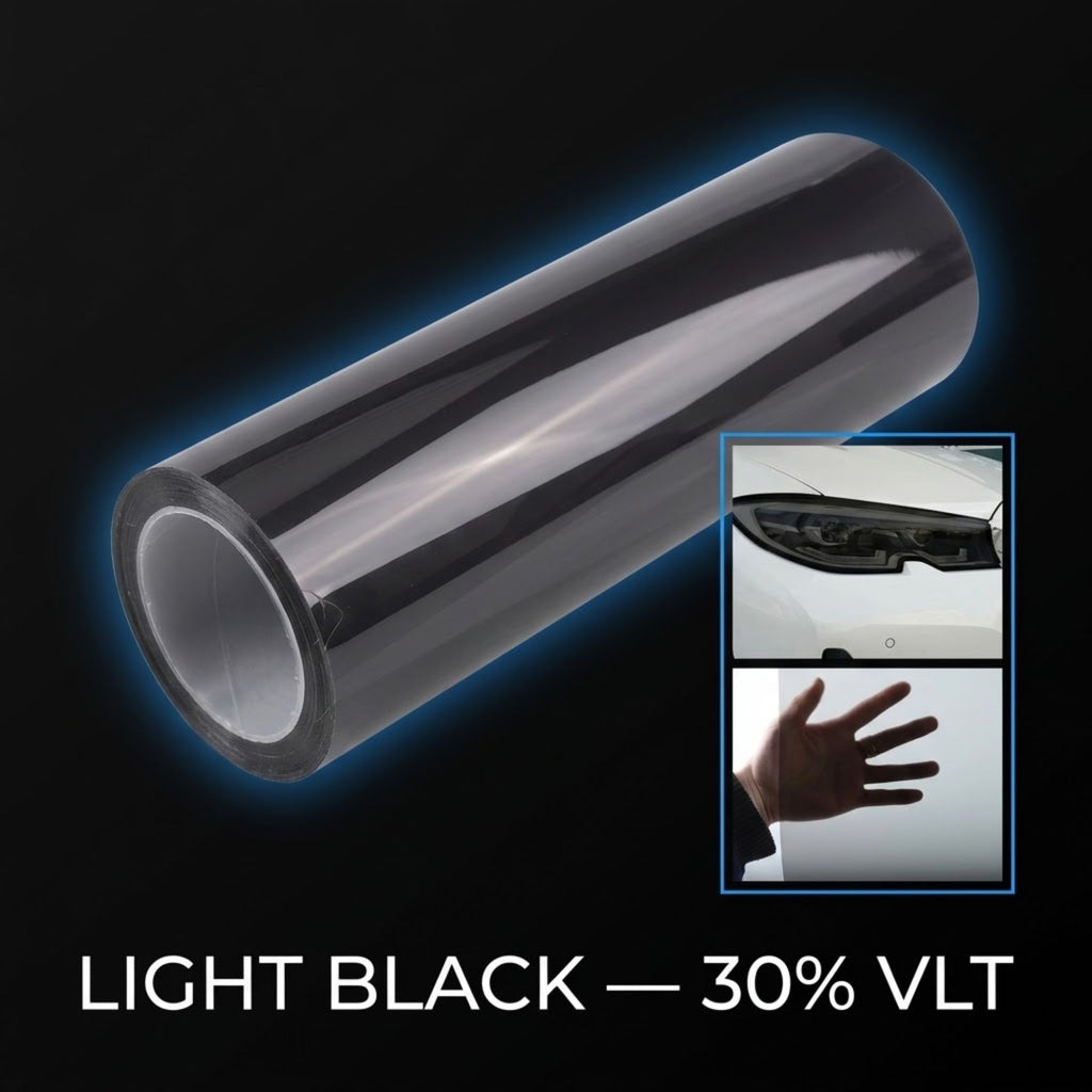 A roll of light black automotive film or vinyl shown on a black background, with a blue glow effect around it. Two small inset photos on the right show the film applied to a car headlight and a hand touching the surface.