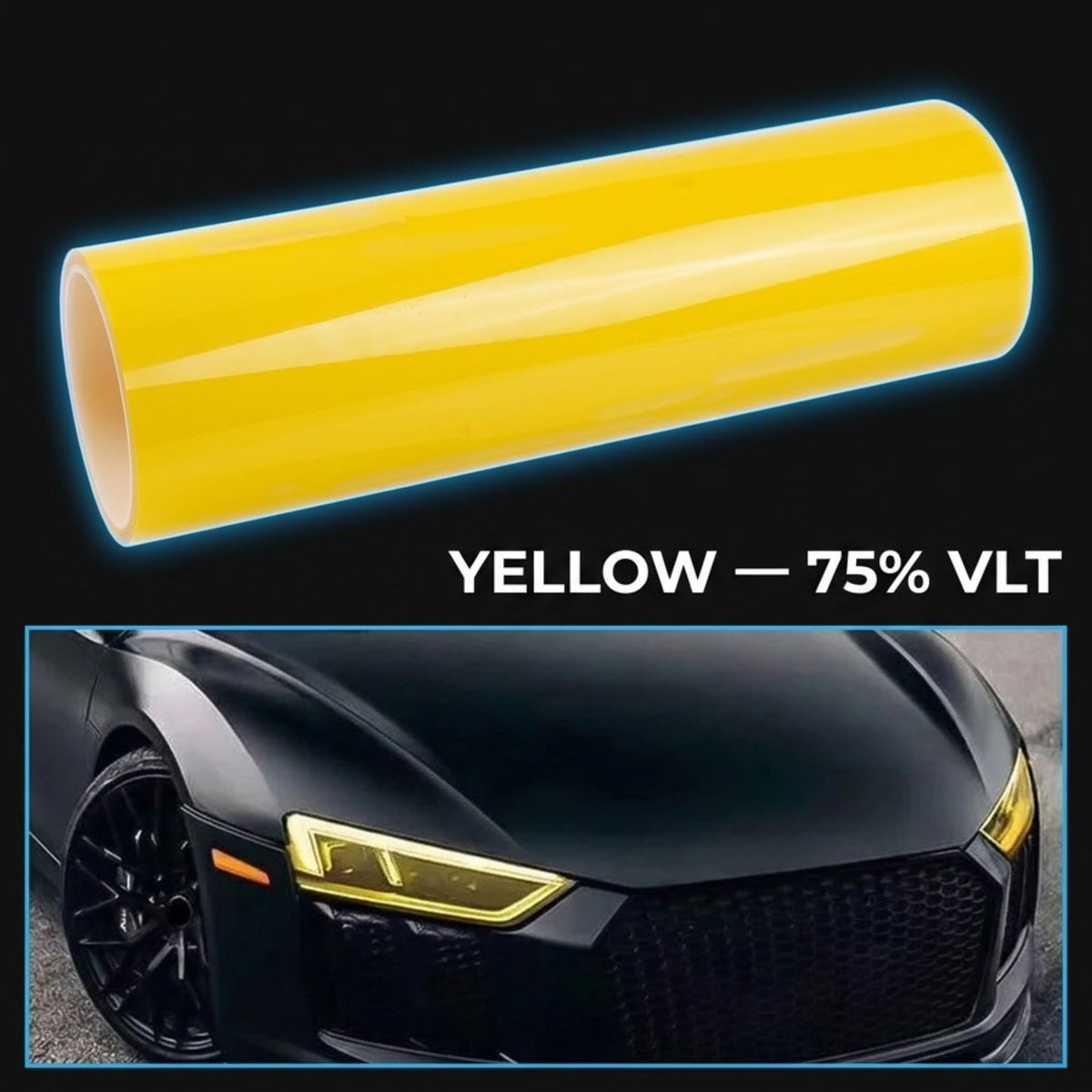 A roll of bright yellow car wrap film shown above a black sports car with yellow-tinted headlights, on a black background with the text 'YELLOW — 75% VLT'.