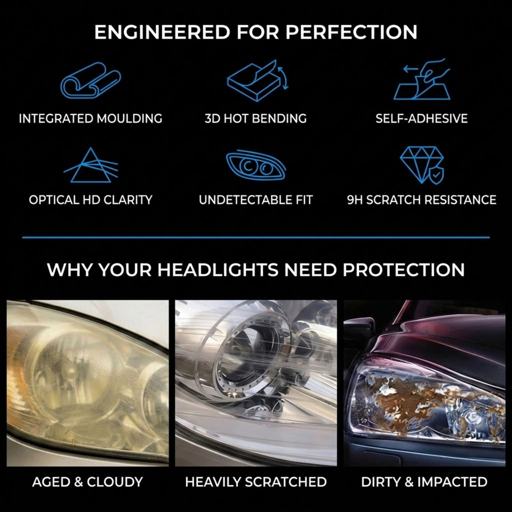 Promotional graphic for a headlight protection product, featuring text and icons about engineered perfection, integrated moulding, 3D hot bending, self-adhesive, optical HD clarity, undetectable fit, 9H scratch resistance, and examples of aged/cloudy, heavily scratched, and dirty/impacted headlights.