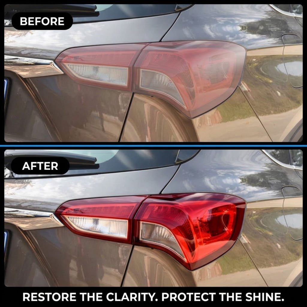 Before-and-after comparison of a car taillight, showing a faded, cloudy red lens in the top photo and a clear, bright red lens in the bottom photo. Text labels read 'BEFORE' and 'AFTER' with the slogan 'RESTORE THE CLARITY.