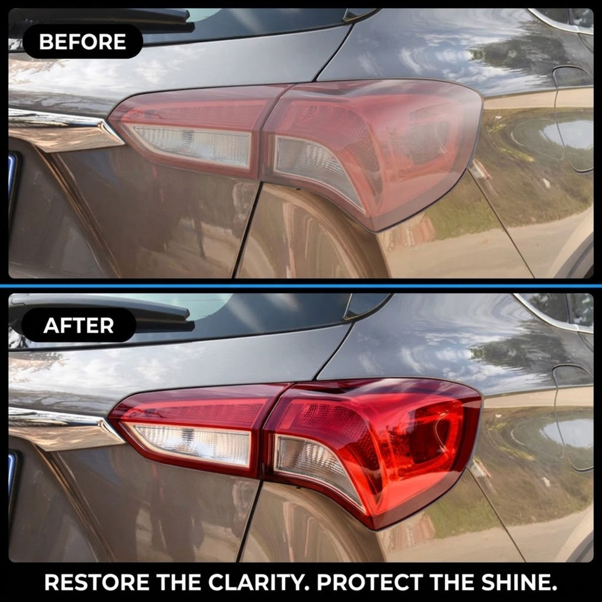 Before-and-after comparison of a car taillight, showing a faded, cloudy red lens in the top photo and a clear, bright red lens in the bottom photo. Text labels read 'BEFORE' and 'AFTER' with the slogan 'RESTORE THE CLARITY.