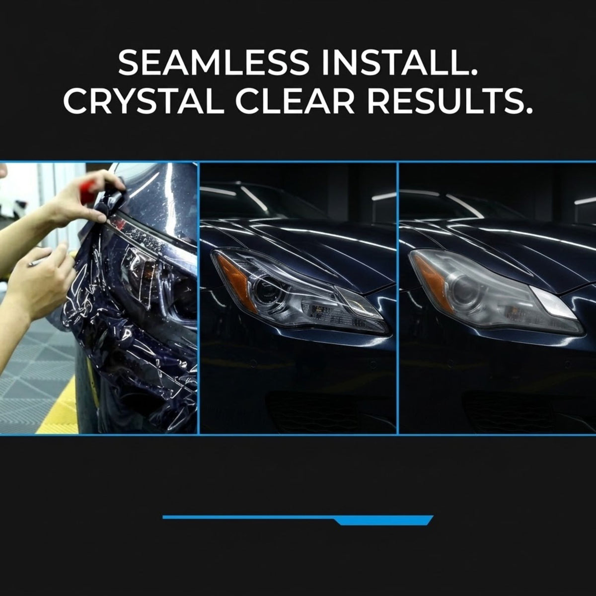 Promotional graphic for a clear headlight film showing a three-step process: peeling the transparent vinyl wrap from a car headlight, applying it, and the final clear, seamless look. Text at the top reads 'SEAMLESS INSTALL.