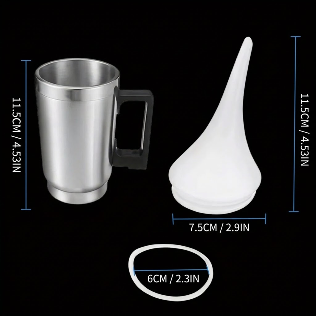 A stainless steel drinking mug with a black handle and a white bulb syringe shown on a black background with overlaid dimension labels and measurement lines.