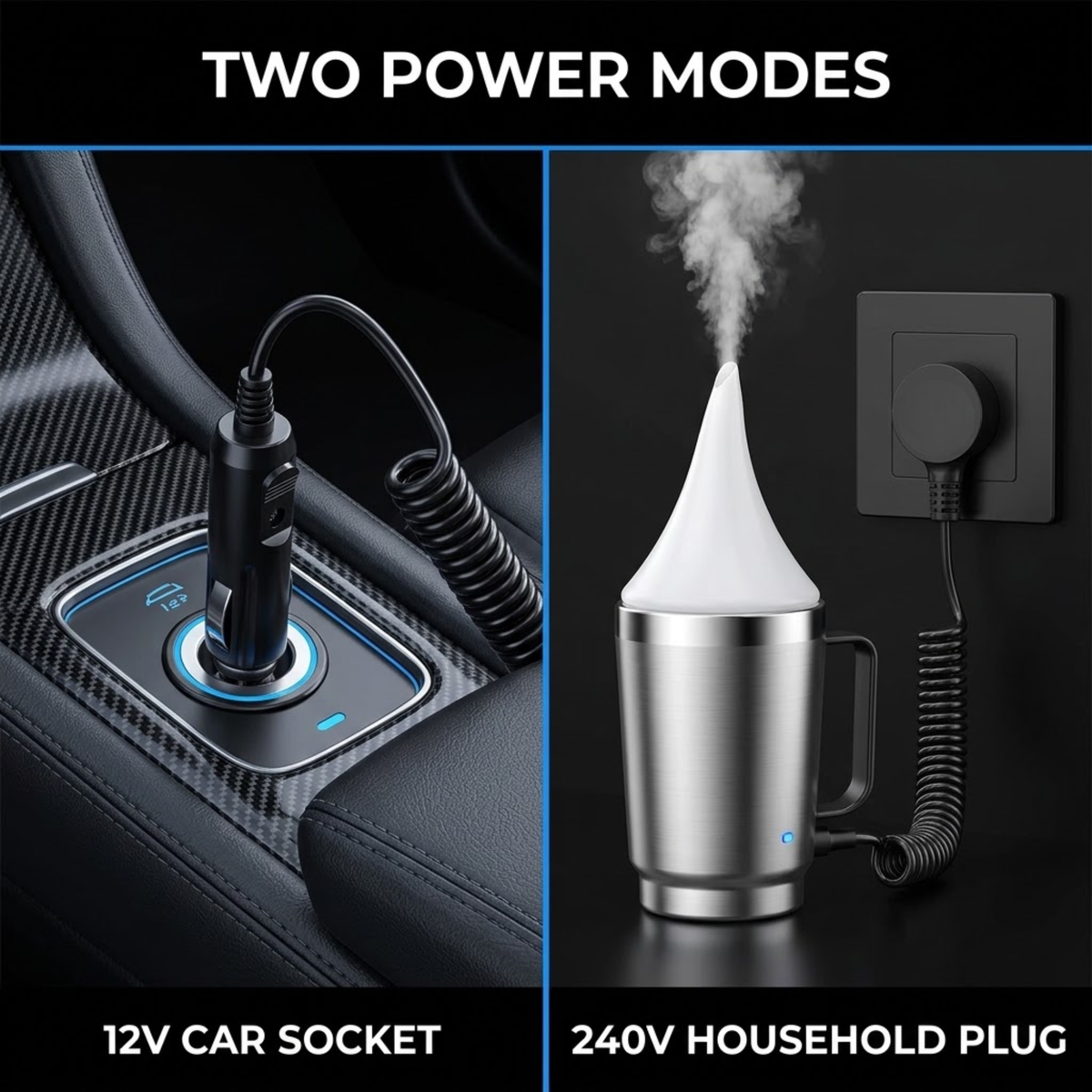 A split-screen product graphic showing a portable steam humidifier/massager in two power modes: on the left, plugged into a 12V car socket inside a car console, and on the right, plugged into a 240V household wall outlet with steam rising from a stainless steel cup-shaped device. Text at the top reads 'TWO POWER MODES' and labels the modes below.