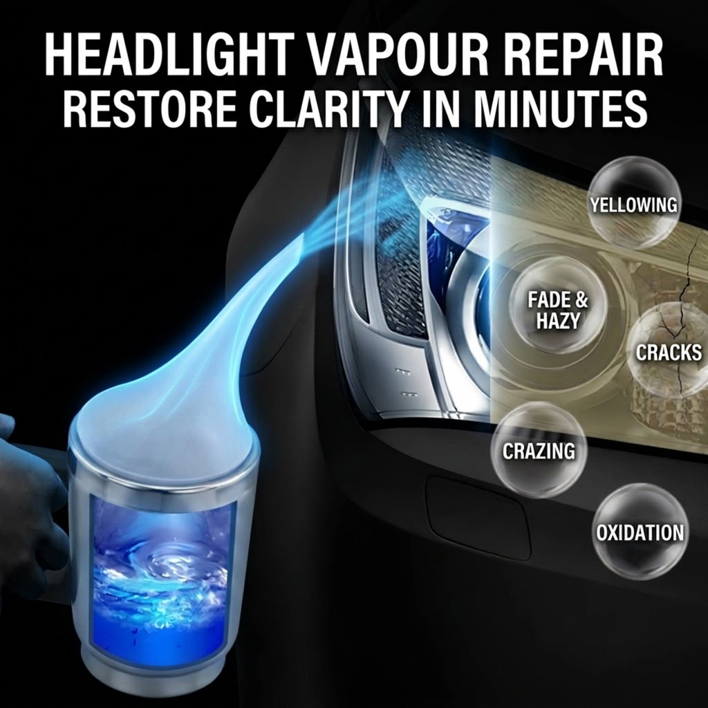 A car headlight repair device shown in a dark car door area with glowing blue light effects. Large text reads 'HEADLIGHT VAPOUR REPAIR RESTORE CLARITY IN MINUTES,' with callout circles listing issues like yellowing, fade & hazy, cracks, crazing, and oxidation.