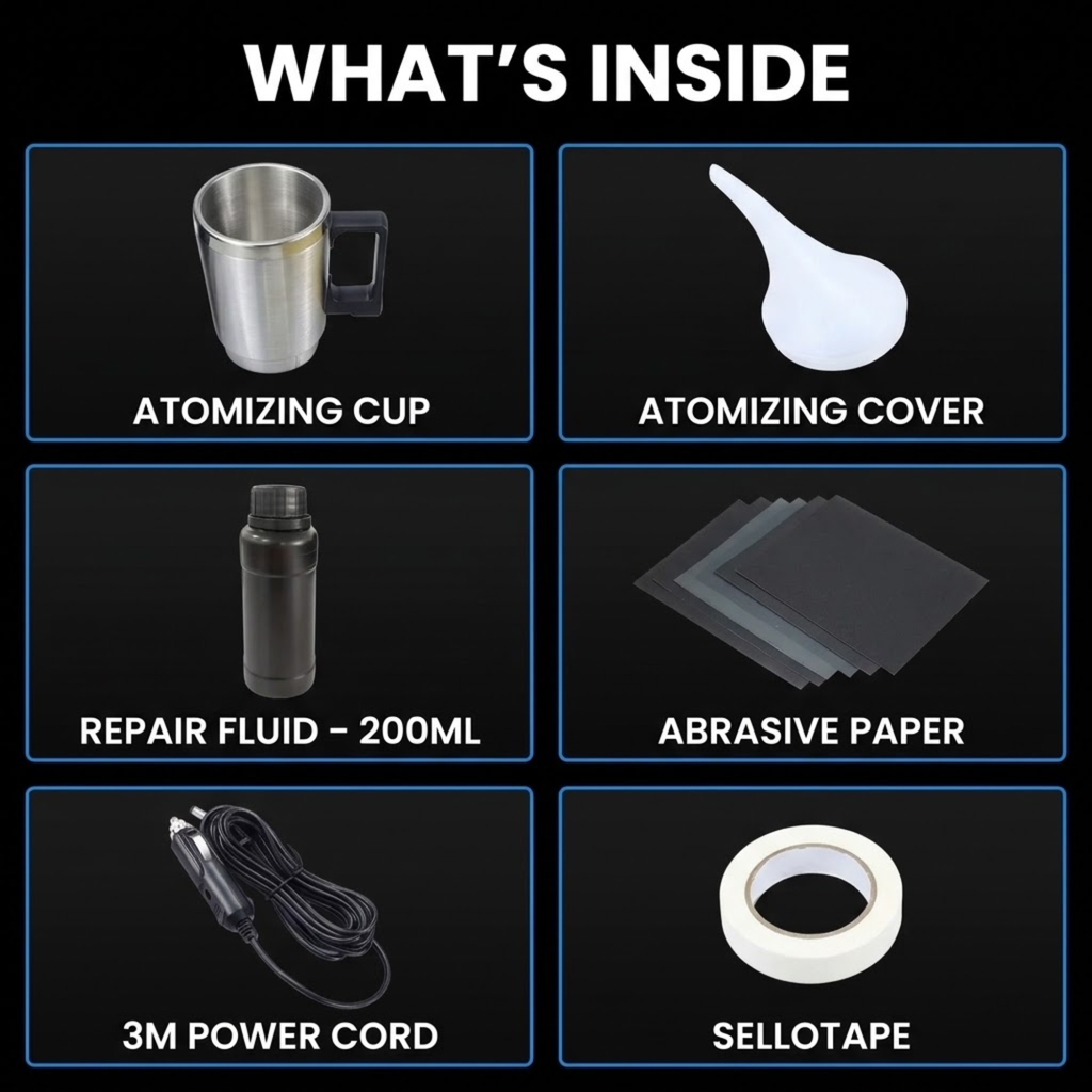 A product contents graphic titled 'WHAT'S INSIDE' on a black background, showing six included items in a 2x3 grid: an atomizing cup, an atomizing cover, a repair fluid bottle labeled 200ML, abrasive paper sheets, a 3M power cord, and sellotape.