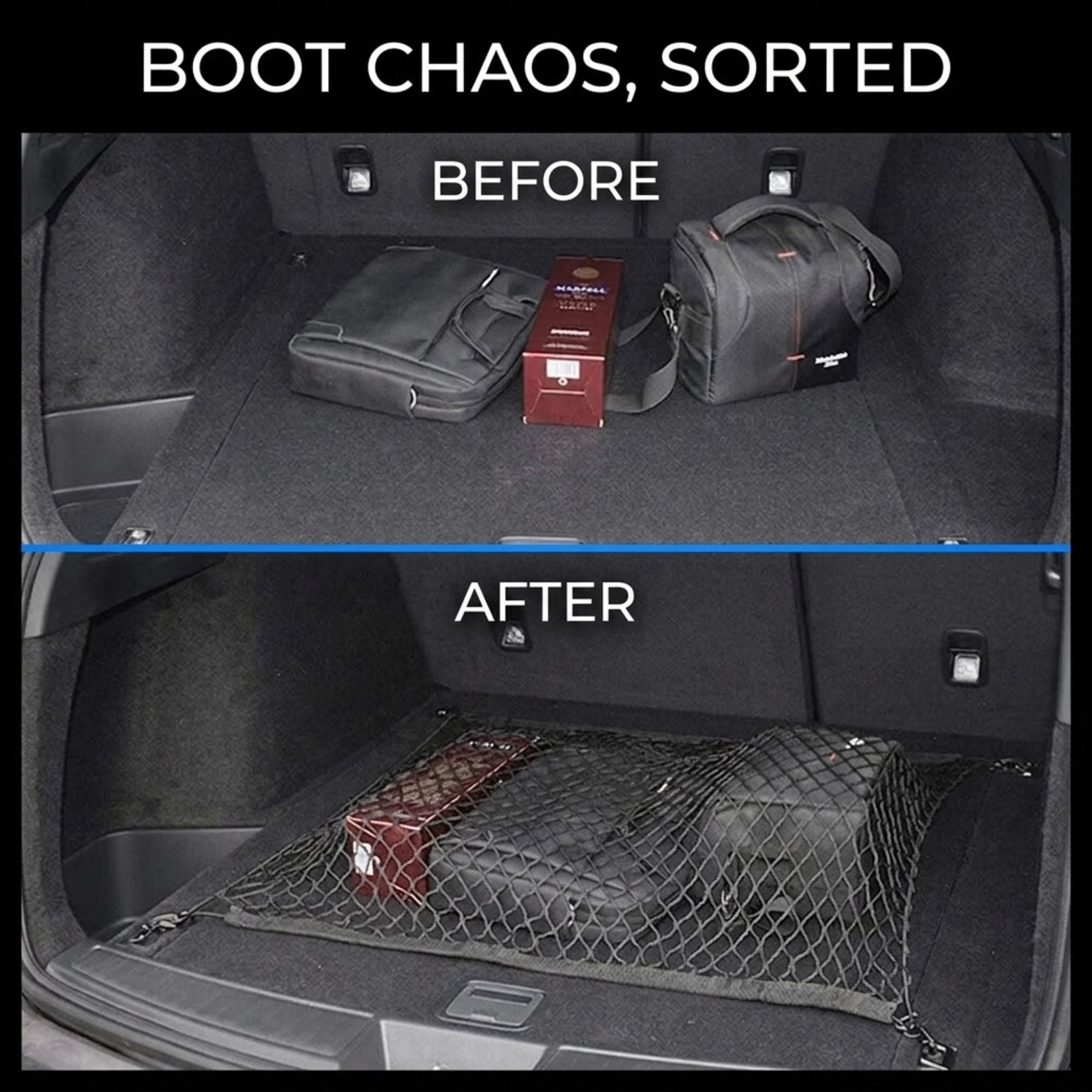 Before-and-after comparison of a car trunk storage setup. The top panel shows a trunk with bags and a box placed loosely on the floor under the text 'BEFORE'.