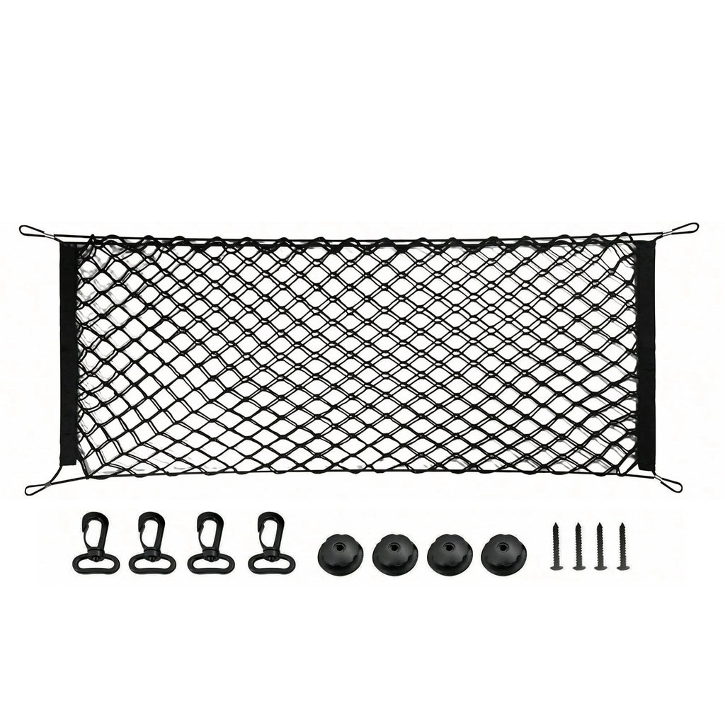 Black cargo net with corner loops, shown with included mounting hardware: four clips, four round pads, and four screws on a plain white background.