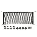 Black cargo net with corner loops, shown with included mounting hardware: four clips, four round pads, and four screws on a plain white background.