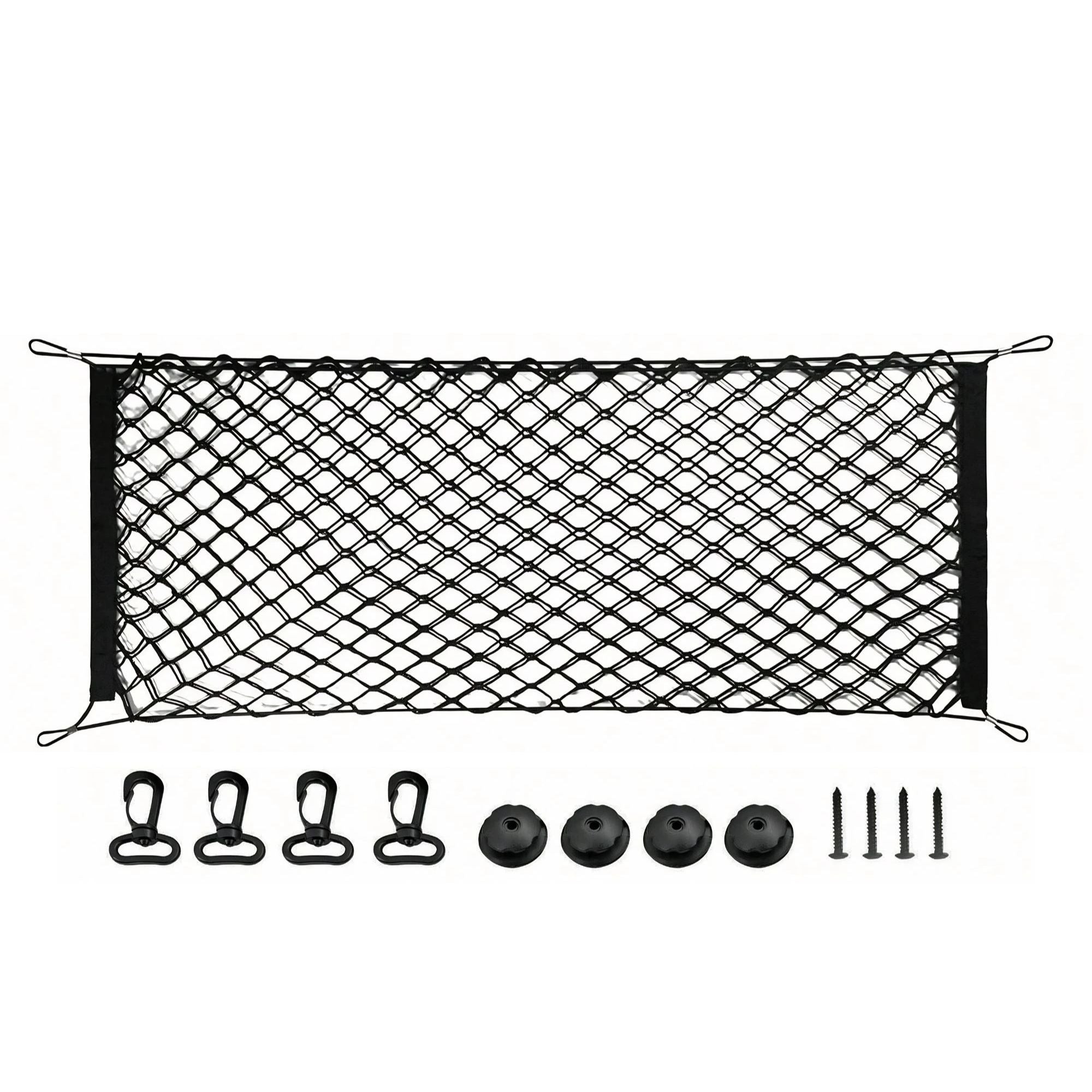 Black cargo net with corner loops, shown with included mounting hardware: four clips, four round pads, and four screws on a plain white background.