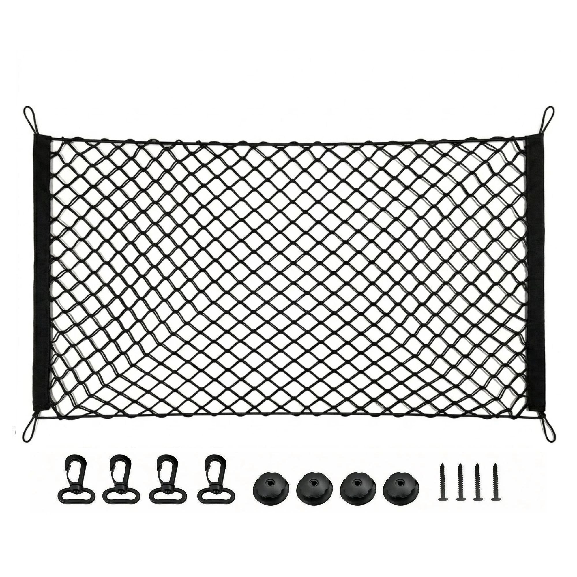 Black mesh cargo net with black webbing borders and included mounting hardware: four black clips, four round black pads, and four screws, shown on a plain white background.