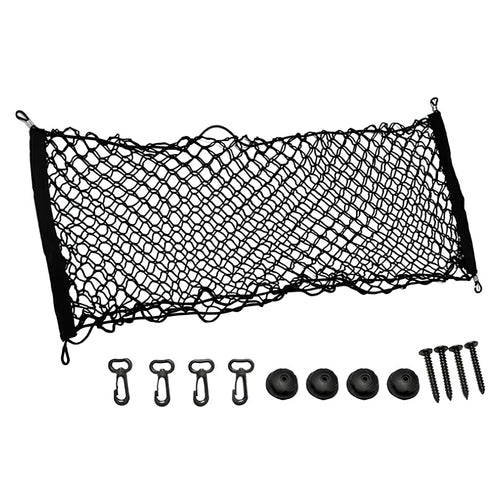 Black cargo net with black straps, shown with included mounting hardware including four carabiners, four round black weights, and four screws on a plain white background.