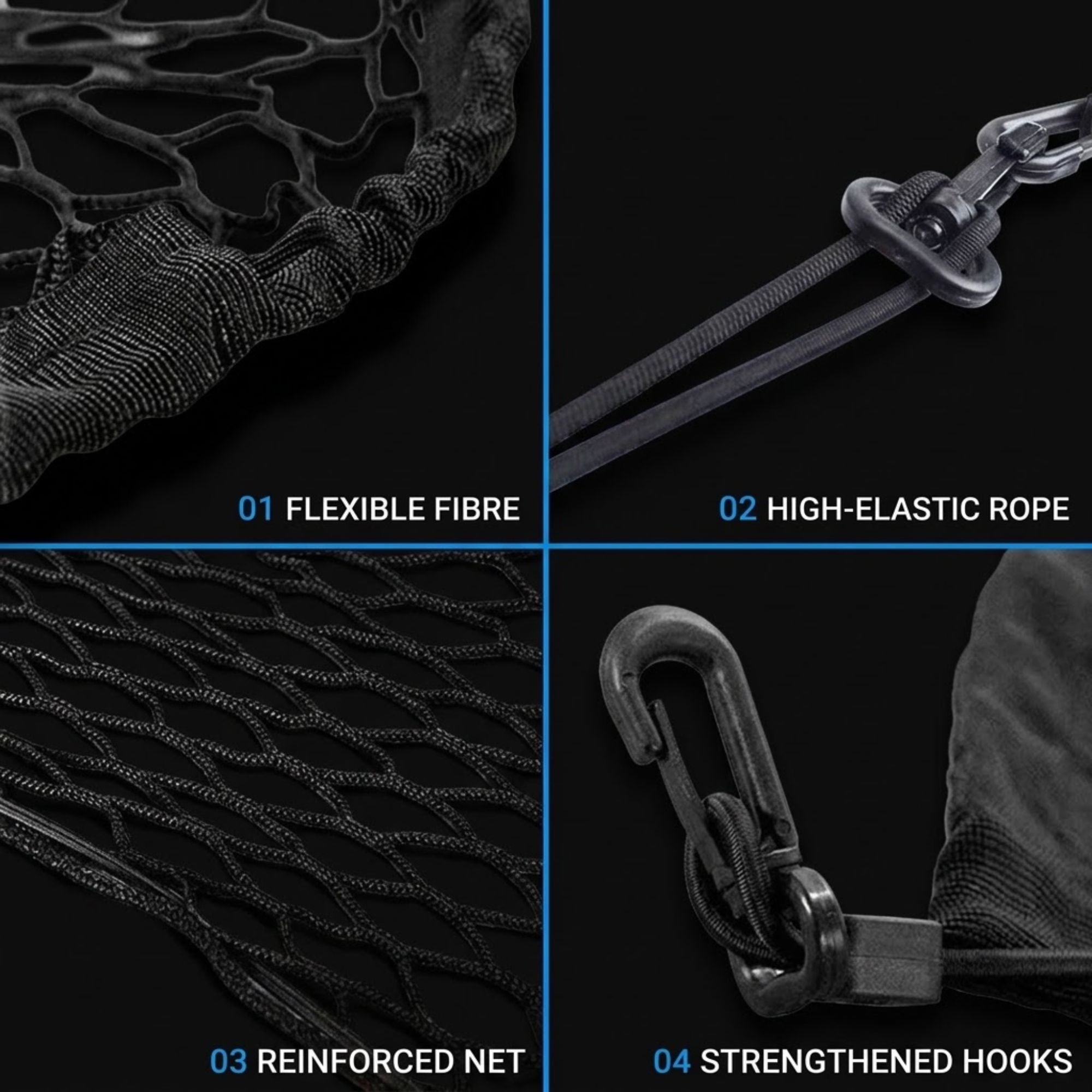 Four-panel close-up detail view of a black fishing net or netting accessory on a black background, with text labels: 01 Flexible Fibre, 02 High-Elastic Rope, 03 Reinforced Net, and 04 Strengthened Hooks.
