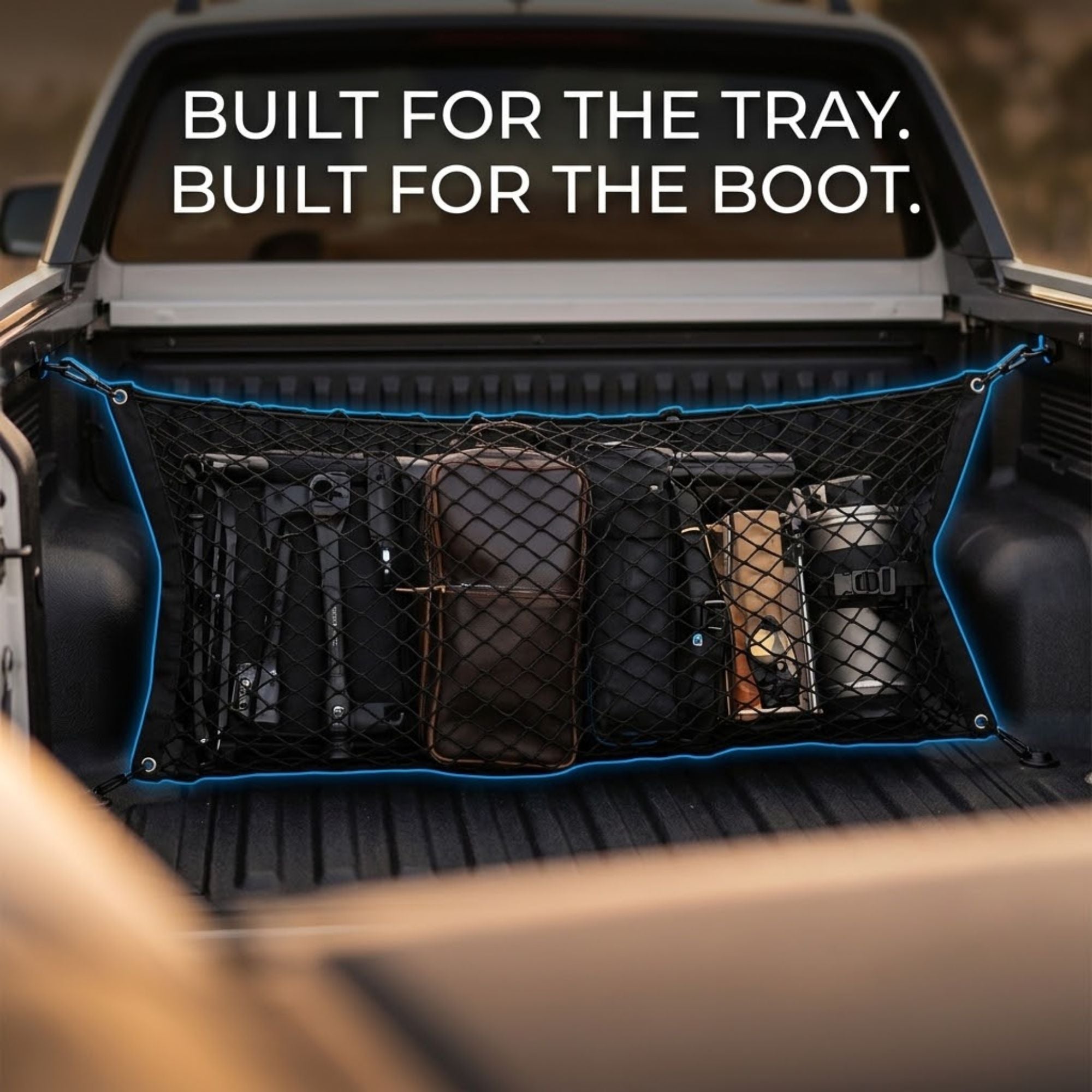A black truck bed cargo net with a blue stitched border, shown holding gear in the bed of a pickup truck. White text at the top reads, 'BUILT FOR THE TRAY.