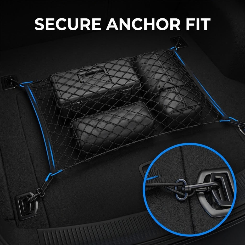 Black car trunk cargo net with blue elastic ties, shown installed in a trunk with two black storage bags secured underneath. Large text at the top reads 'SECURE ANCHOR FIT', and a circular inset shows a close-up of the anchor hardware connection.
