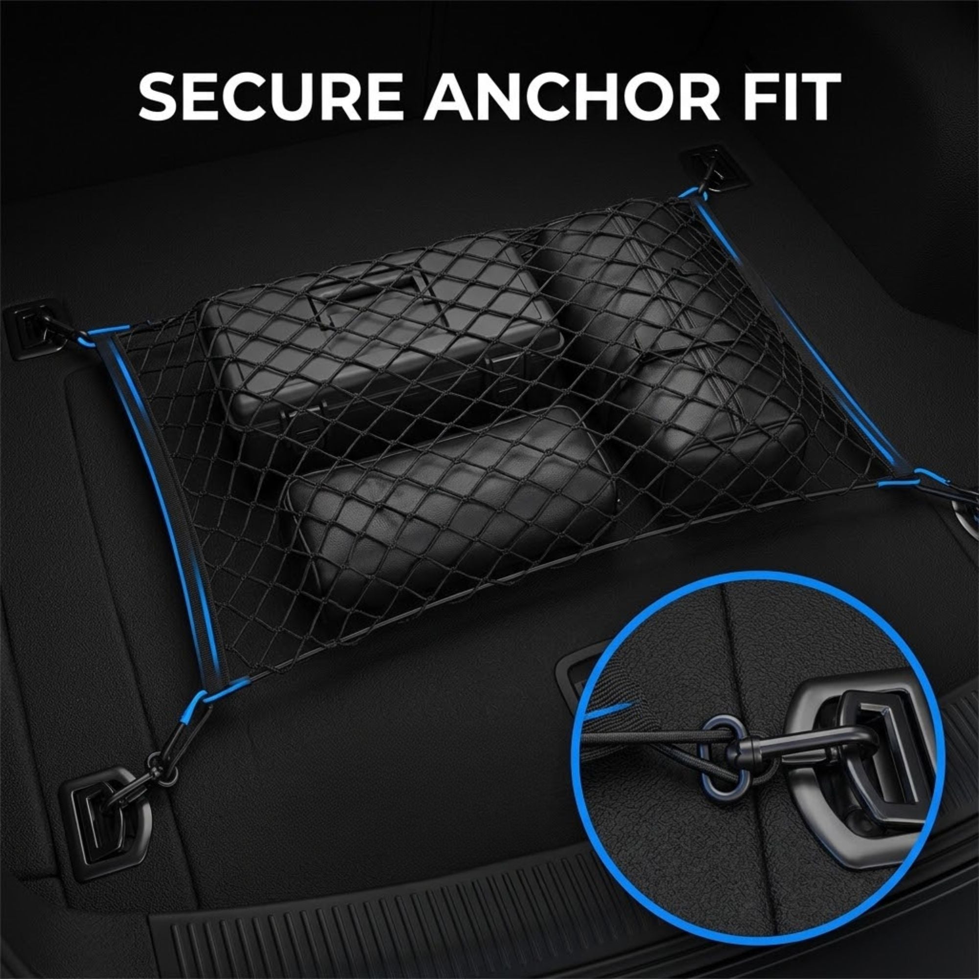Black car trunk cargo net with blue elastic ties, shown installed in a trunk with two black storage bags secured underneath. Large text at the top reads 'SECURE ANCHOR FIT', and a circular inset shows a close-up of the anchor hardware connection.
