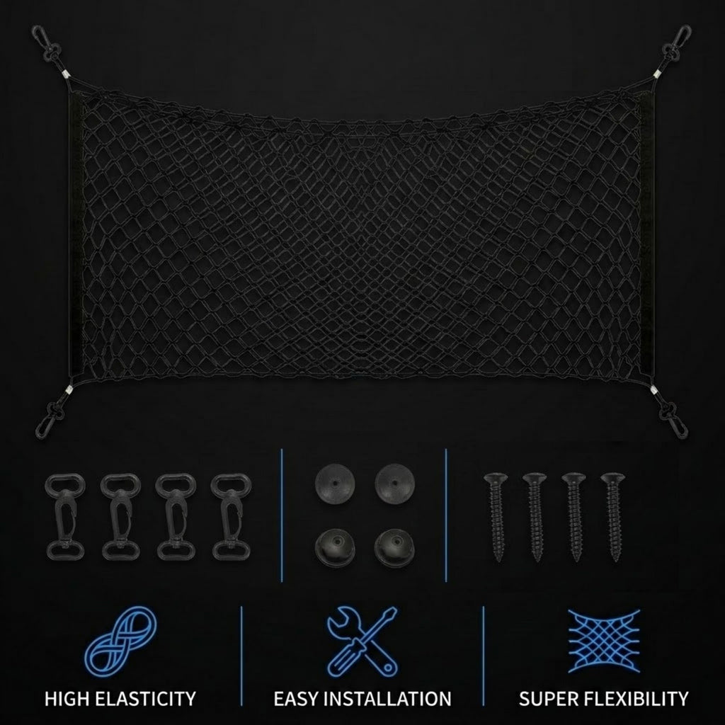 Black mesh cargo net with corner grommets, shown with included mounting hardware and feature callouts on a dark background.
