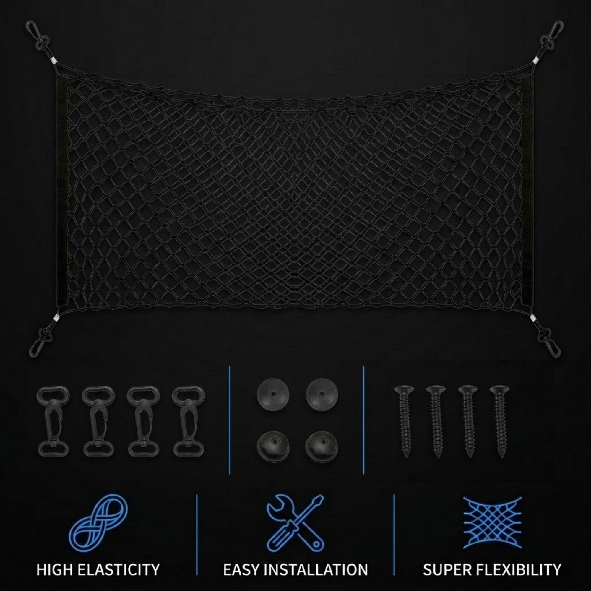 Black mesh cargo net with corner grommets, shown with included mounting hardware and feature callouts on a dark background.