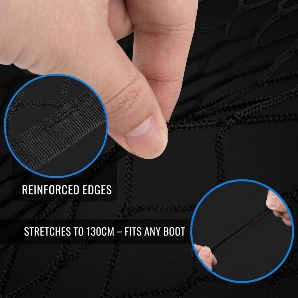 Close-up of a black boot net with a hand stretching it to show elasticity, with text reading 'STRETCHES TO 130CM - FITS ANY BOOT' and circular inset details labeled 'REINFORCED EDGES'.