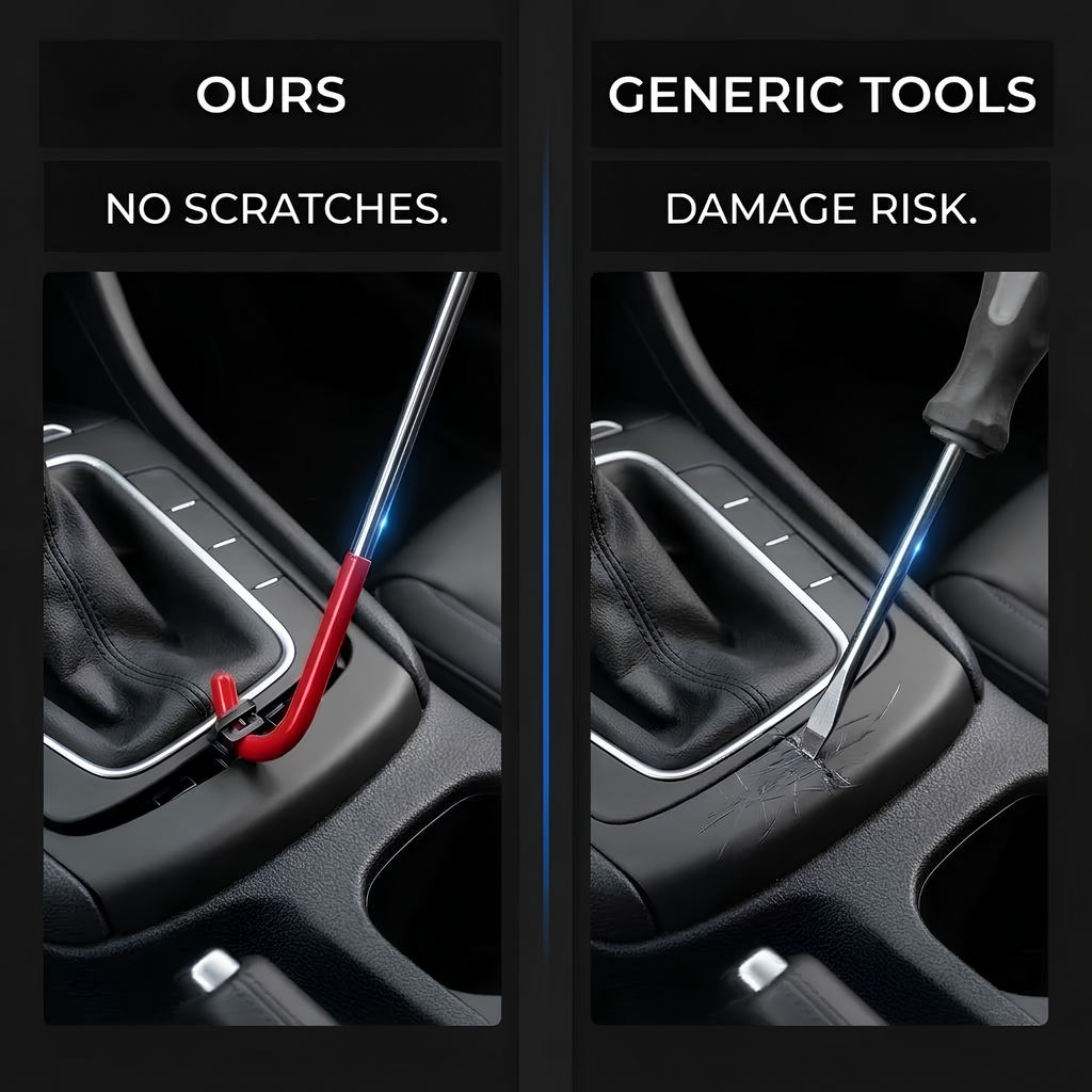 A split comparison graphic showing a manual gear shift tool on a car center console. The left panel, labeled 'OURS' with 'NO SCRATCHES', shows a red-and-silver hook-style tool inserted into the shifter tunnel without leaving marks.