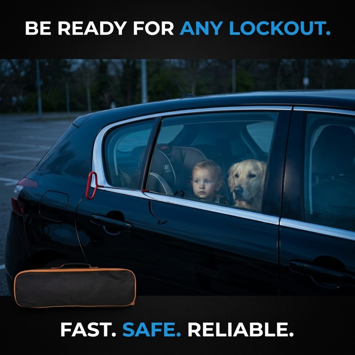 A black car with a child and a dog visible through the window, plus a small lockout device shown at the lower left. Large text reads 'BE READY FOR ANY LOCKOUT.