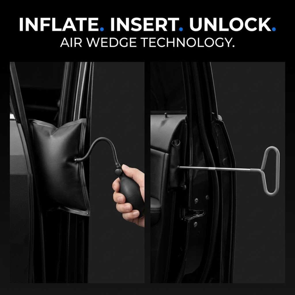 A black car door emergency release seatbelt inflation kit shown in a split-screen demonstration. The left panel shows a hand inflating the black air wedge bag with a bulb.