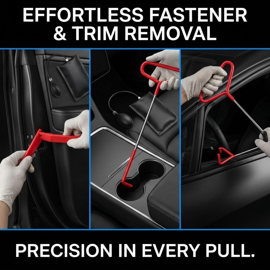 Three-panel demonstration of a red car door fastener and trim removal tool being used inside a car, with gloved hands pulling the fastener and demonstrating trim removal. Text at the top reads 'EFFORTLESS FASTENER & TRIM REMOVAL' and text at the bottom reads 'PRECISION IN EVERY PULL.