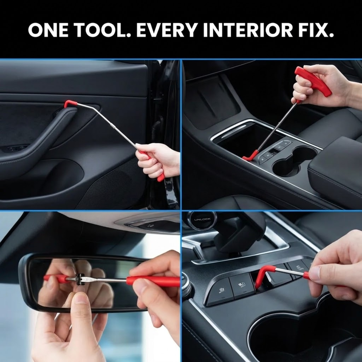 A 4-panel collage demonstrating a car interior repair tool in use. The top text reads 'ONE TOOL.