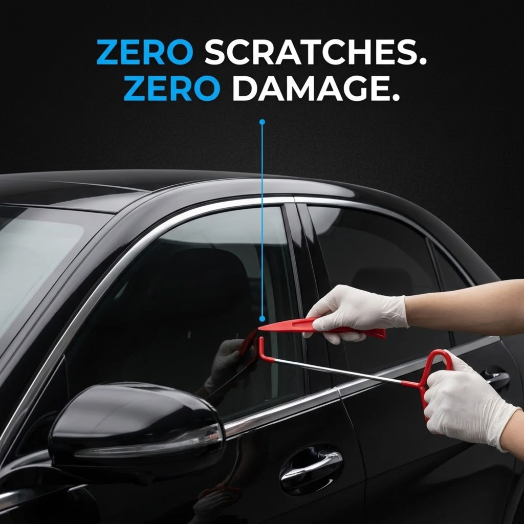 A close-up of a black car door window trim area with a person wearing white gloves using a red-and-silver tool to apply or smooth a strip of tinted window trim. Large text at the top reads 'ZERO SCRATCHES.
