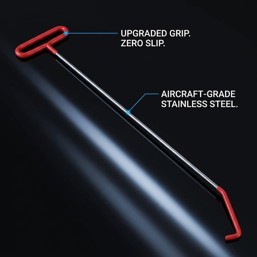 A long-handled tool with a red T-shaped grip and red hook end, shown on a dark background with callout text reading 'UPGRADED GRIP. ZERO SLIP.