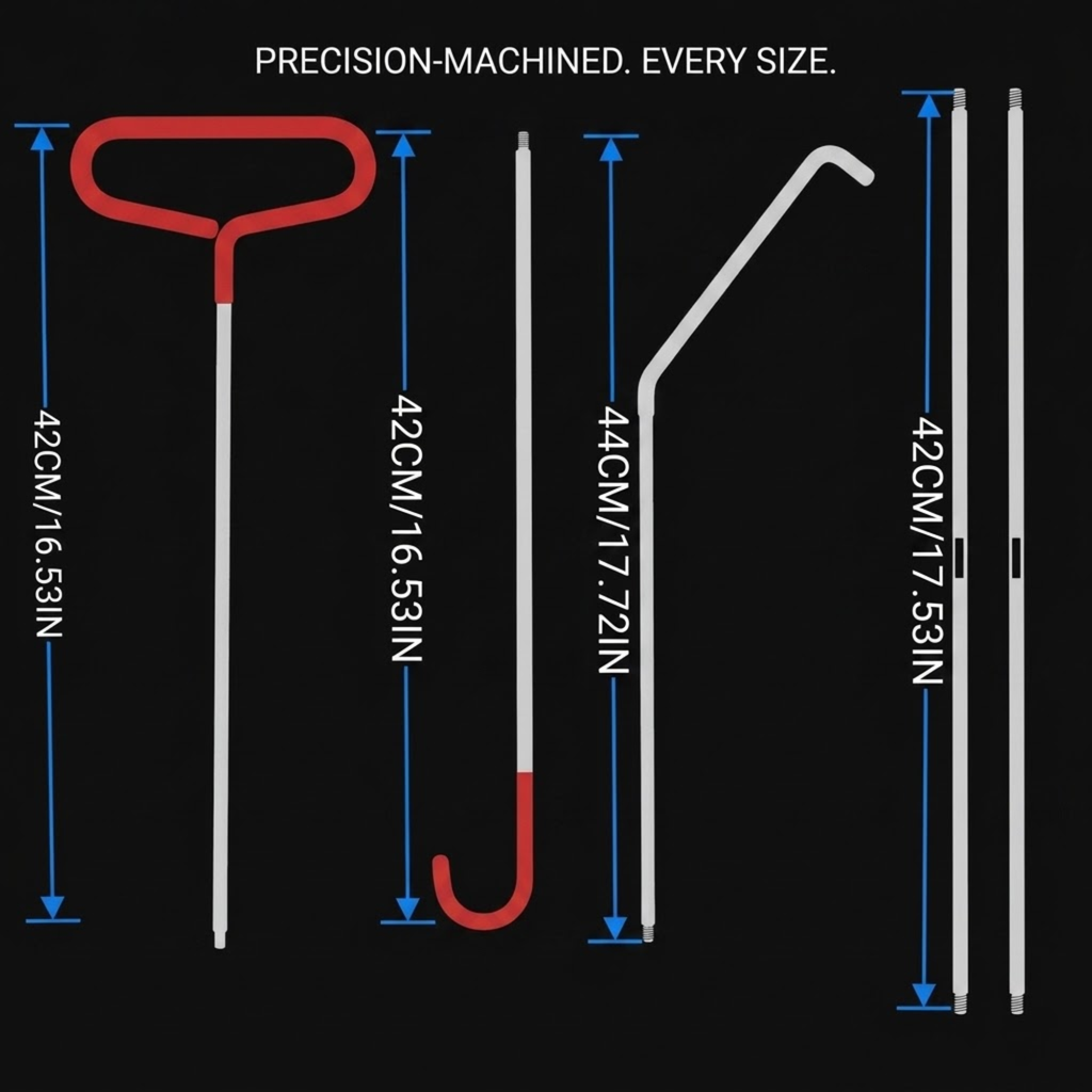 Four precision metal tools shown on a black background with blue dimension lines and white text indicating measurements. The set includes a T-shaped tool with a red handle, a J-shaped tool with a red tip, a bent silver tool, and two straight silver tools.