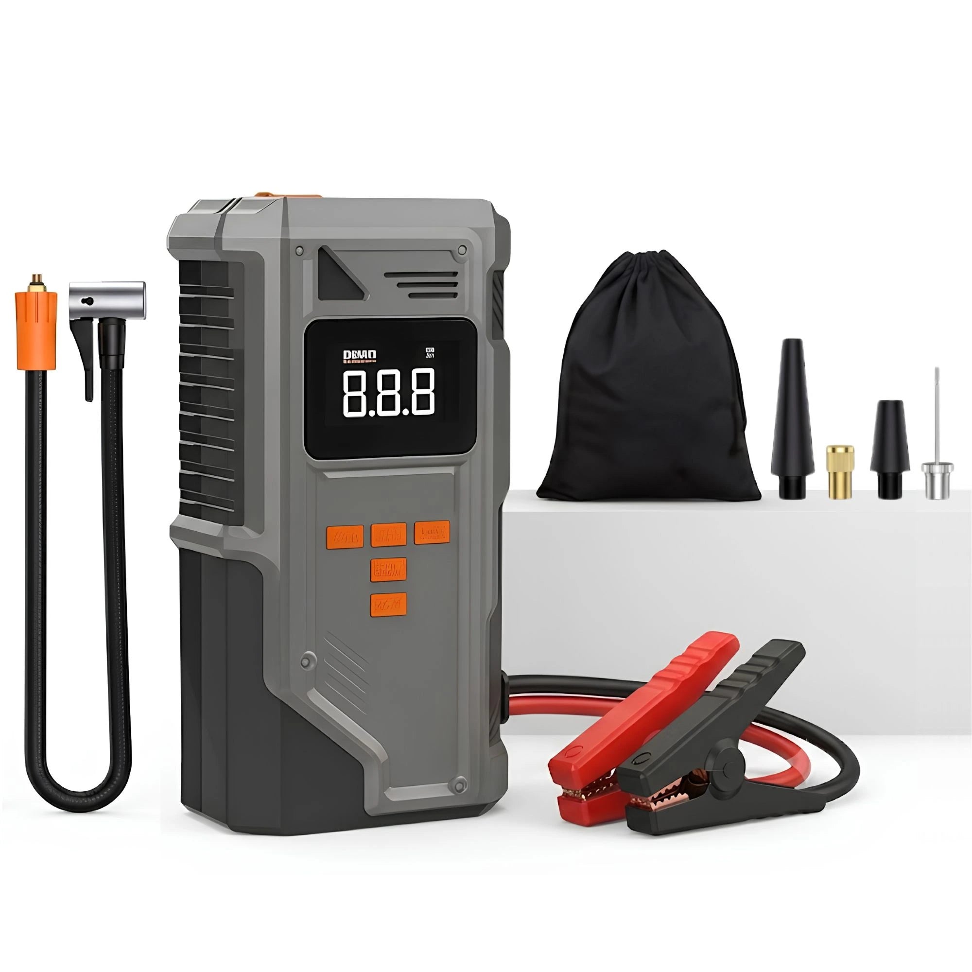 Heavy-Duty Car Jump Starter and Portable 12V Tyre Inflator with jump leads, accessories and carry bag on a white background