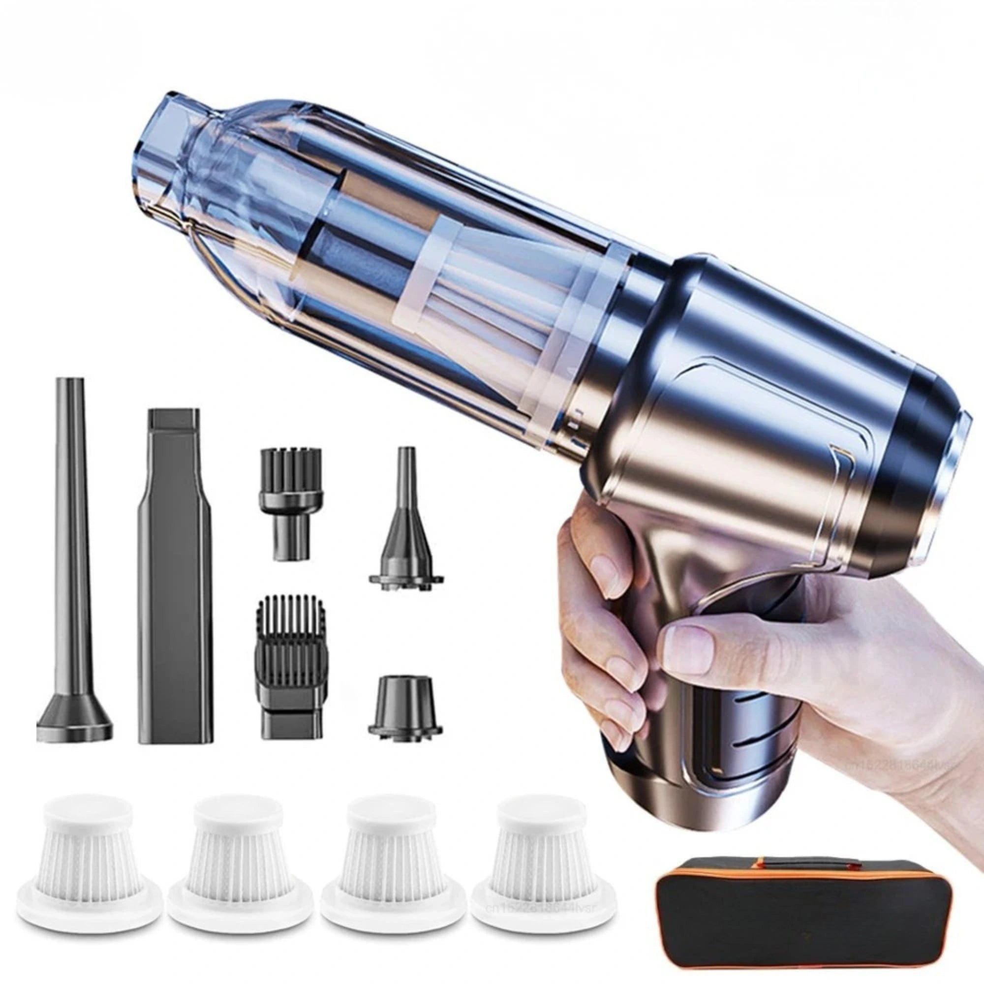 A handheld vacuum cleaner in metallic silver and black, shown with a hand holding it, alongside multiple attachment heads, four white brush rolls, and a small black carrying case on a white background.