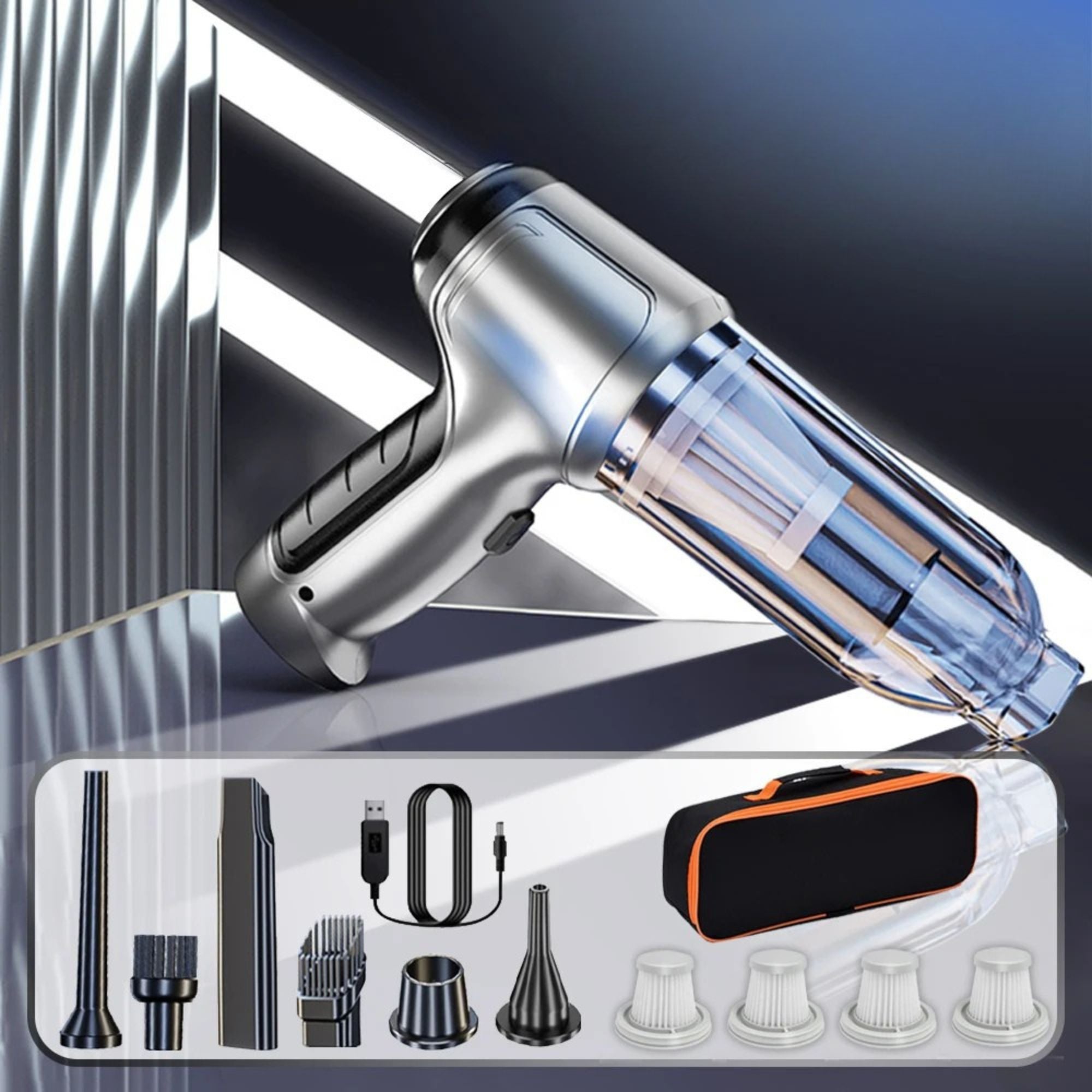 Handheld vacuum cleaner with attachments on a reflective surface