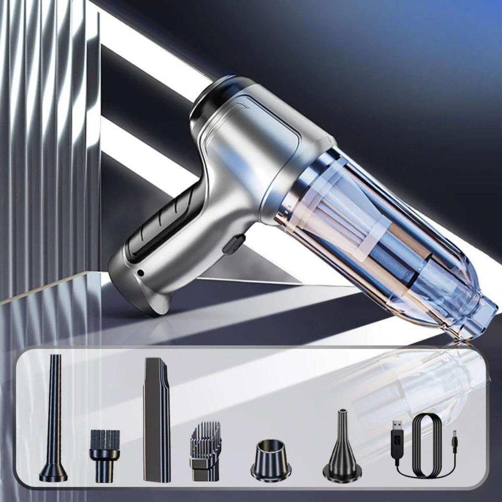 A silver and black cordless handheld vacuum cleaner with a transparent dust bin, shown alongside several black attachment nozzles and a charging cable in a product collage on a dark blue and gray background.