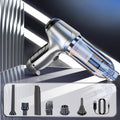 A silver and black cordless handheld vacuum cleaner with a transparent dust bin, shown alongside several black attachment nozzles and a charging cable in a product collage on a dark blue and gray background.