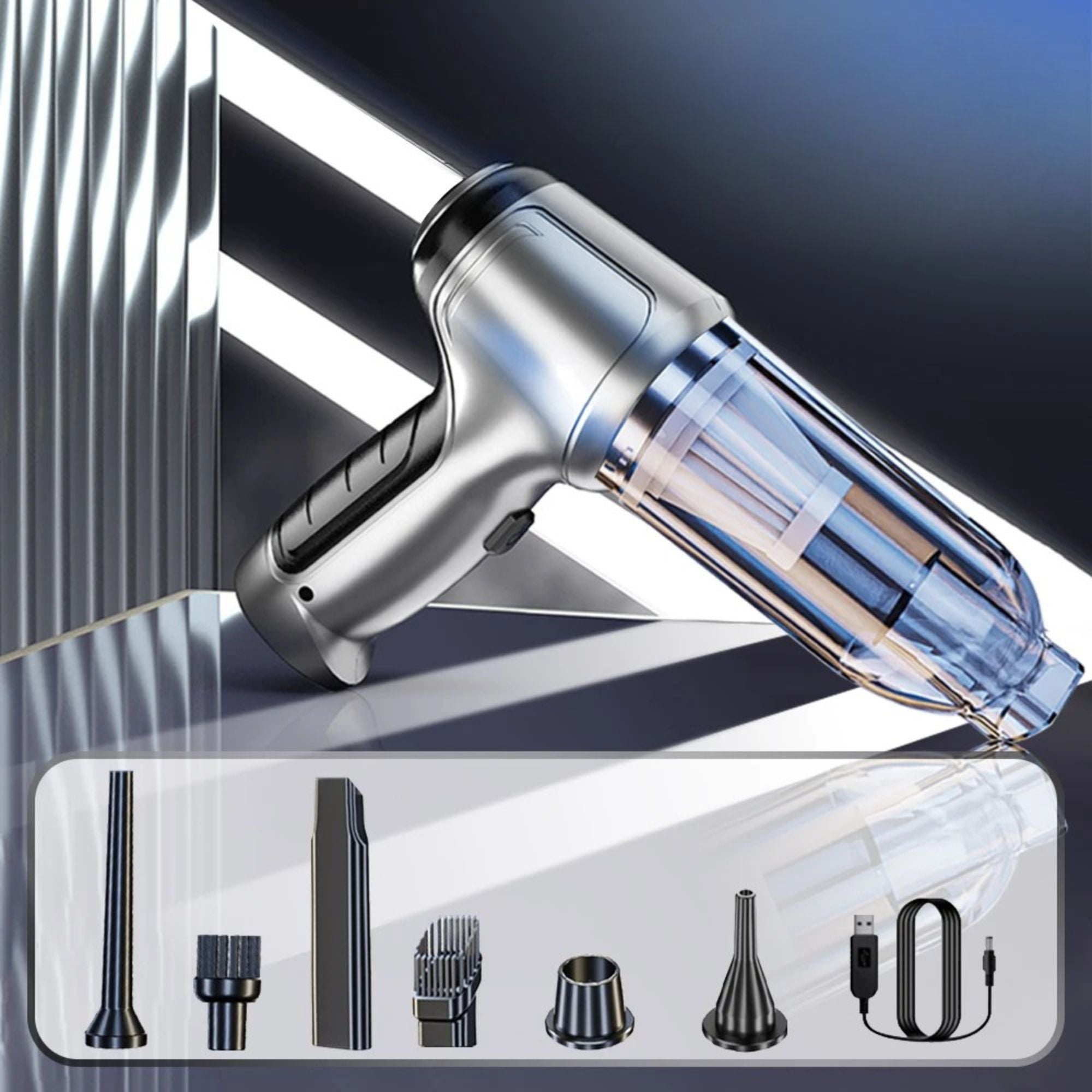 A silver and black cordless handheld vacuum cleaner with a transparent dust bin, shown alongside several black attachment nozzles and a charging cable in a product collage on a dark blue and gray background.