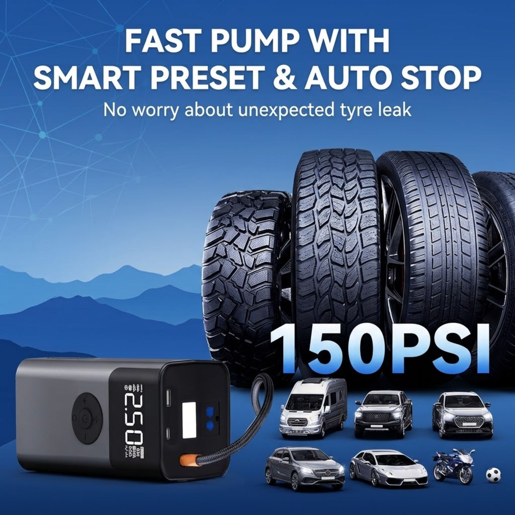 Heavy-Duty Diesel Jump Starter beside stacked tyres and vehicle icons, illustrating its 150 PSI fast pump with smart preset and auto stop