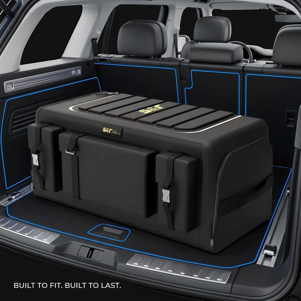 A black cargo organizer box with gold lettering, shown installed inside the cargo area of a vehicle. The image features blue digital outline overlays highlighting the fitment and the SAIK brand is visible on the top and side of the box.