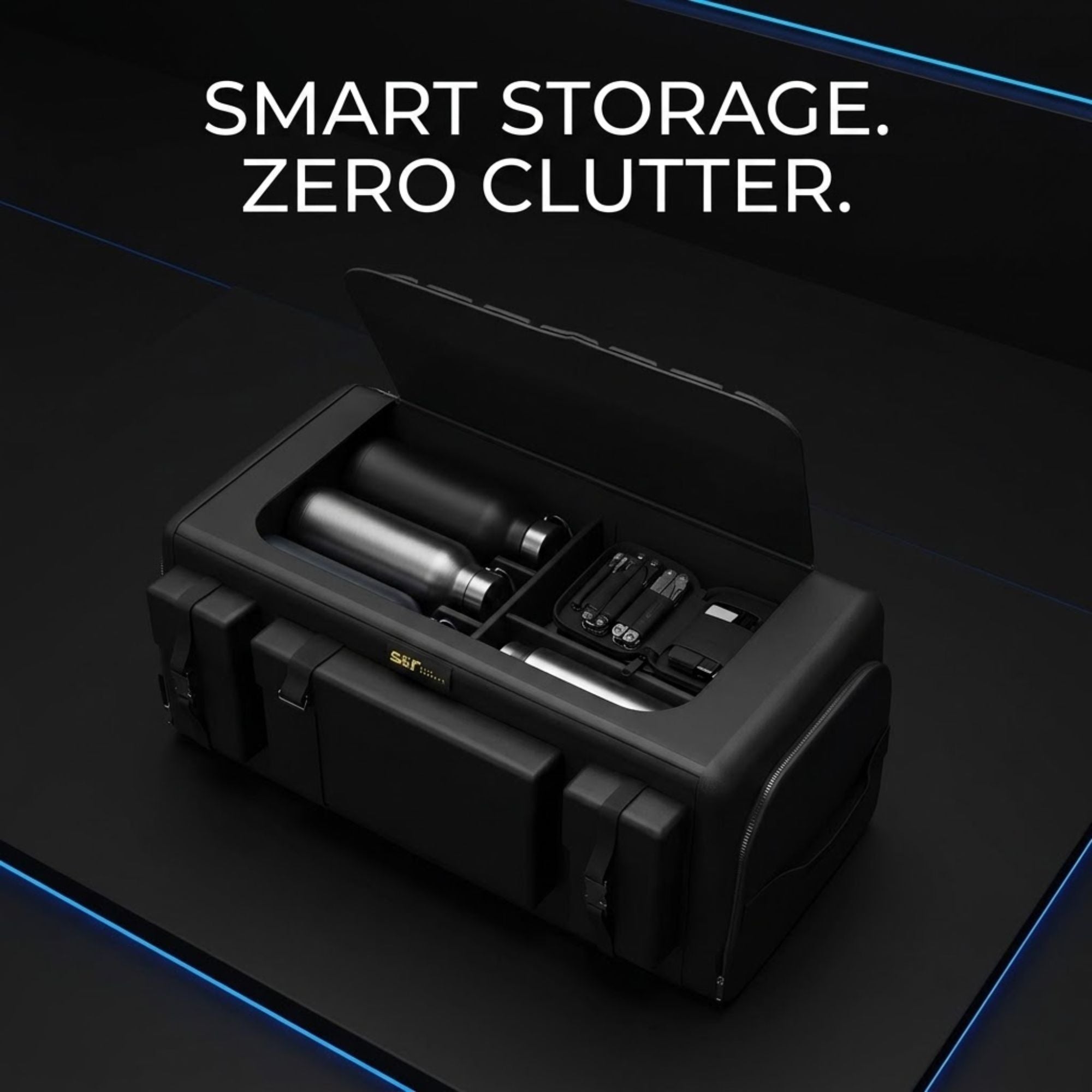 A black smart storage case shown open on a dark surface, with the text 'SMART STORAGE. ZERO CLUTTER.