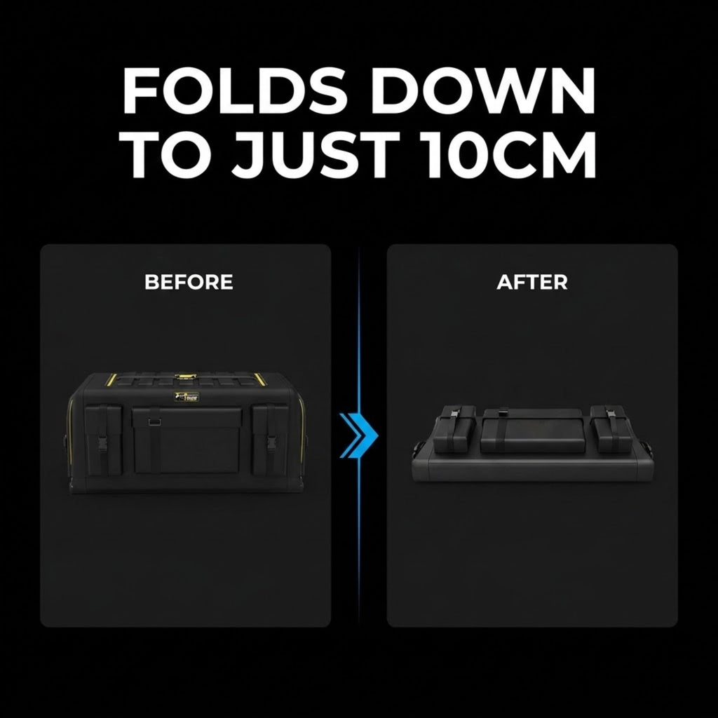 A black promotional graphic showing a product folded down to just 10 cm, with text reading 'FOLDS DOWN TO JUST 10CM' and labeled before/after panels.